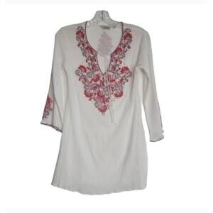 Sulu White Embroidered Tunic 3/4 Sleeves Beaded Tassel Bohemian Size 4